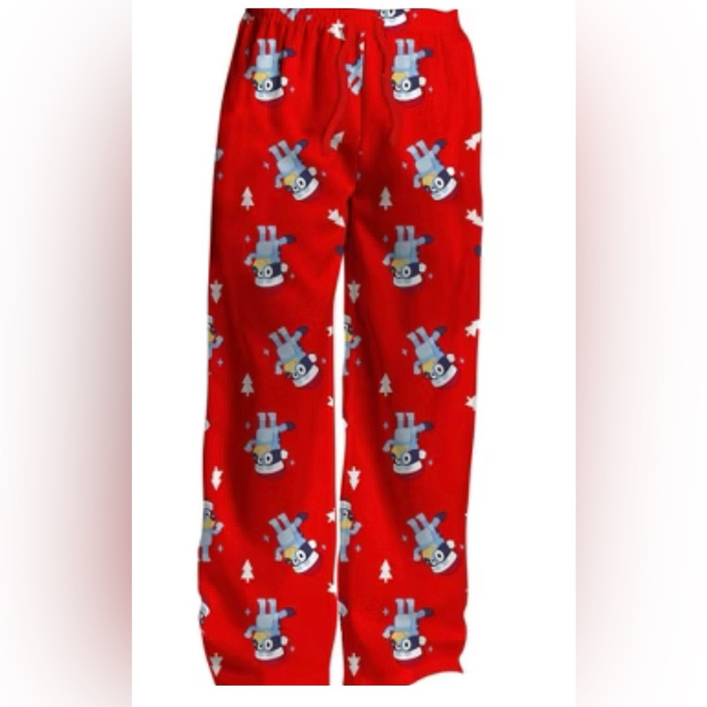 Bluey Pajama Pants Mens‎ XXL Red New Christmas Fleece Lounge Sleepwear Santa Hat